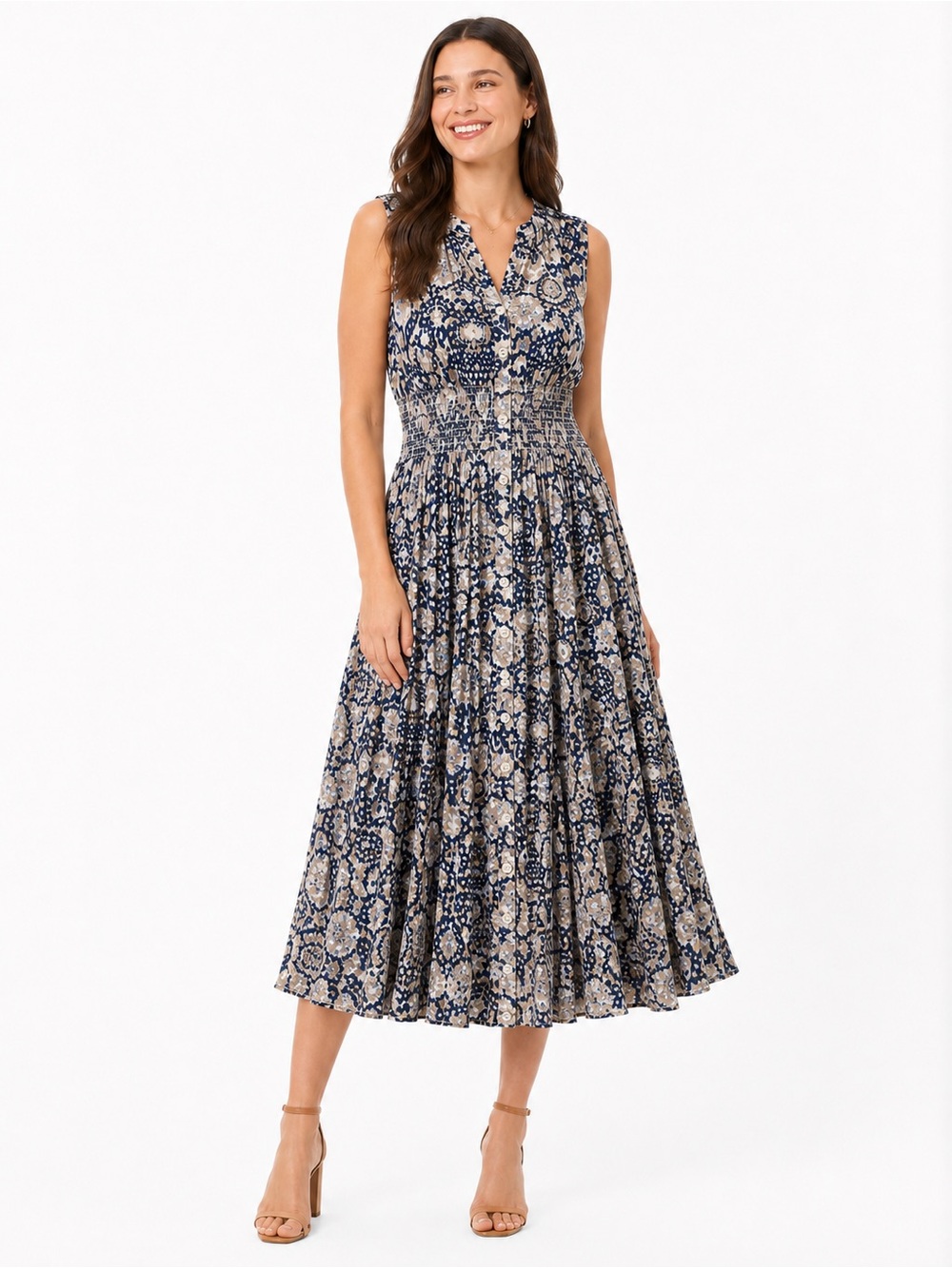 Chelsea & Theodore Navy & Cream Printed Midi Dress – Size L - Picture 2 of 7